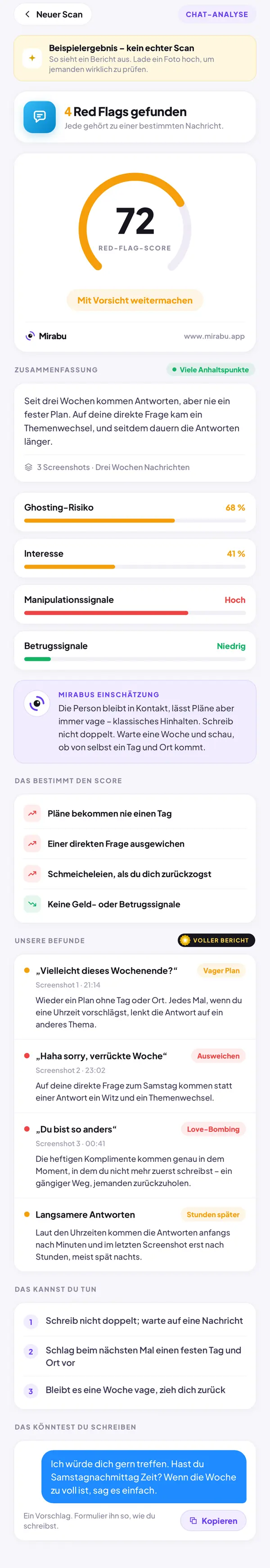 Chat-Analyse, Beispielergebnis – kein echter Scan. RED-FLAG-SCORE 72: Mit Vorsicht weitermachen. Vielleicht dieses Wochenende? Haha sorry, verrückte Woche. Du bist so anders. Langsamere Antworten.