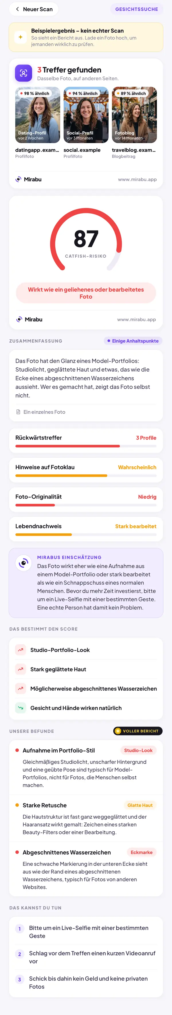 Gesichtssuche, Beispielergebnis – kein echter Scan. CATFISH-RISIKO 87: Wirkt wie ein geliehenes oder bearbeitetes Foto. Aufnahme im Portfolio-Stil. Starke Retusche. Abgeschnittenes Wasserzeichen.