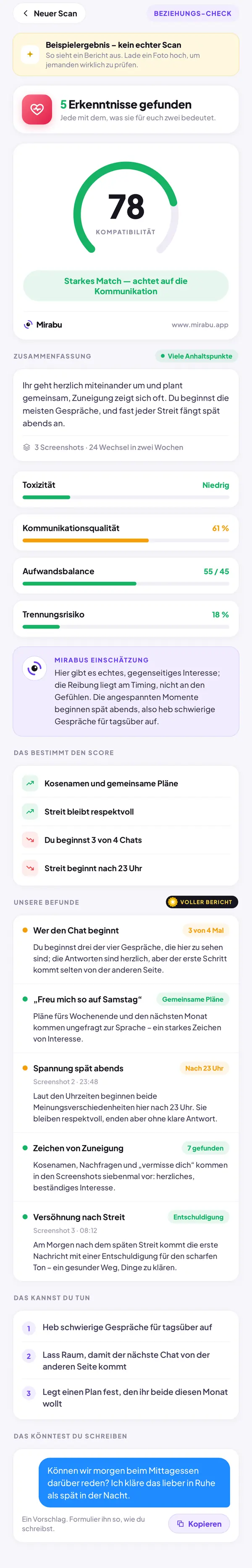 Beziehungs-Check, Beispielergebnis – kein echter Scan. KOMPATIBILITÄT 78: Starkes Match — achtet auf die Kommunikation. Wer den Chat beginnt. Freu mich so auf Samstag. Spannung spät abends. Zeichen von Zuneigung. Versöhnung nach Streit.