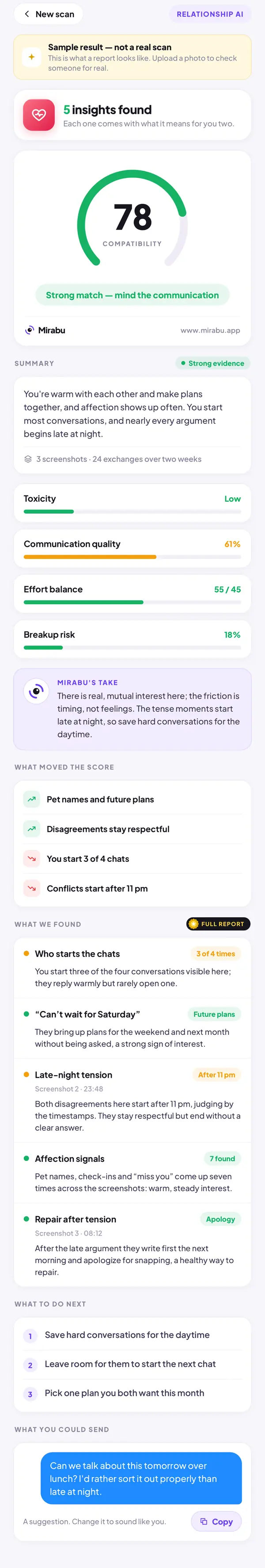 Relationship AI, Sample result — not a real scan. COMPATIBILITY 78: Strong match — mind the communication. Who starts the chats. Can’t wait for Saturday. Late-night tension. Affection signals. Repair after tension.
