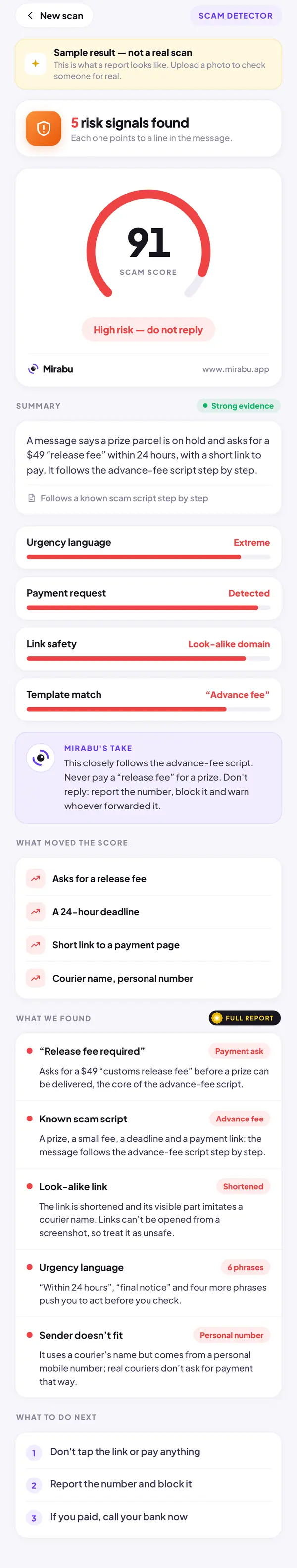 Scam Detector, Sample result — not a real scan. SCAM SCORE 91: High risk — do not reply. Release fee required. Known scam script. Look-alike link. Urgency language. Sender doesn’t fit.