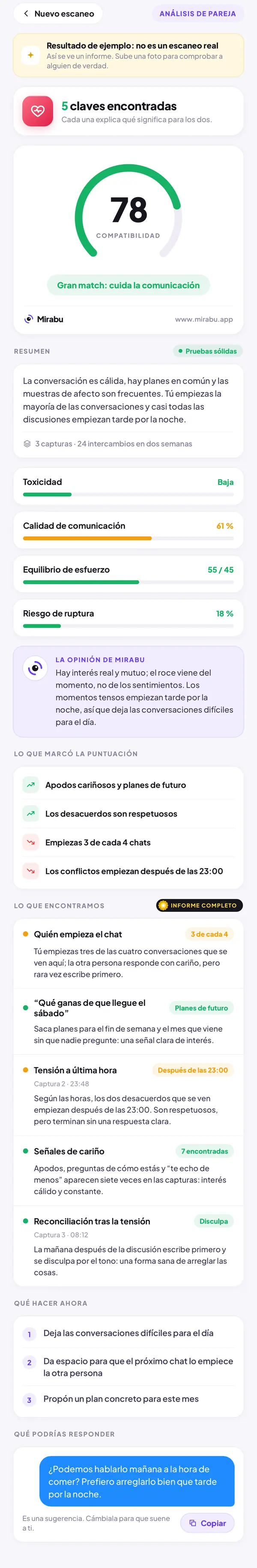 Análisis de pareja, Resultado de ejemplo: no es un escaneo real. COMPATIBILIDAD 78: Gran match: cuida la comunicación. Quién empieza el chat. Qué ganas de que llegue el sábado. Tensión a última hora. Señales de cariño. Reconciliación tras la tensión.
