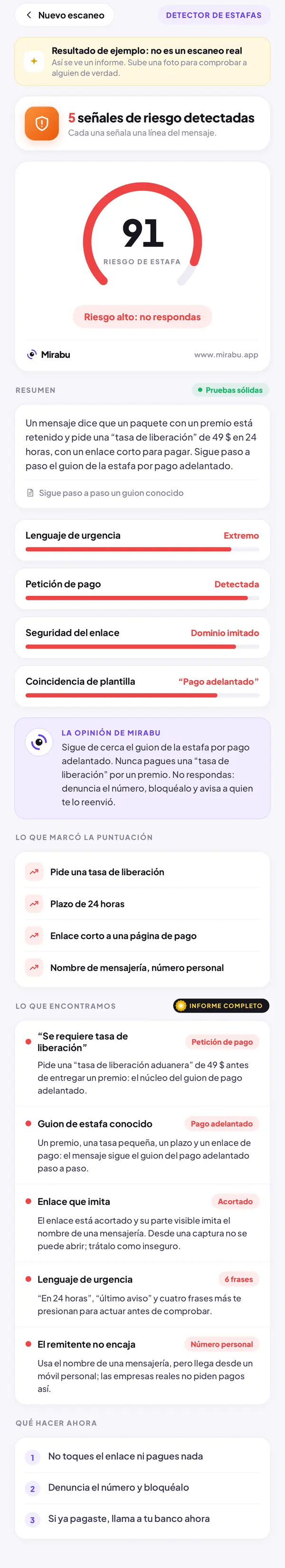 Detector de estafas, Resultado de ejemplo: no es un escaneo real. RIESGO DE ESTAFA 91: Riesgo alto: no respondas. Se requiere tasa de liberación. Guion de estafa conocido. Enlace que imita. Lenguaje de urgencia. El remitente no encaja.