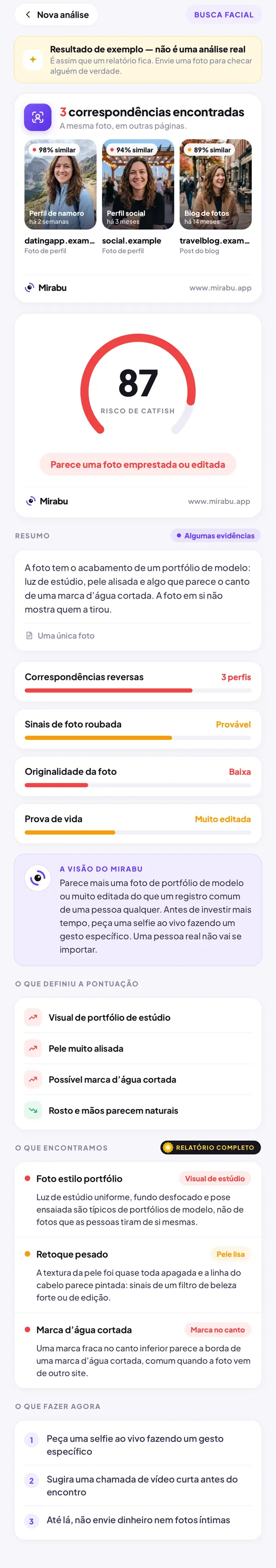 Busca facial, Resultado de exemplo — não é uma análise real. RISCO DE CATFISH 87: Parece uma foto emprestada ou editada. Foto estilo portfólio. Retoque pesado. Marca d’água cortada.