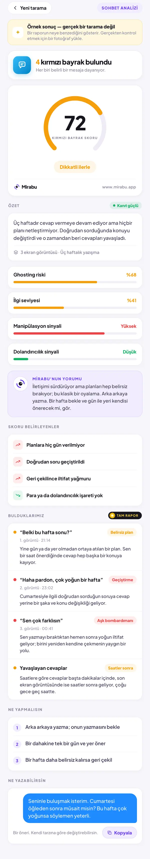 Sohbet Analizi, Örnek sonuç — gerçek bir tarama değil. KIRMIZI BAYRAK SKORU 72: Dikkatli ilerle. Belki bu hafta sonu? Haha pardon, çok yoğun bir hafta. Sen çok farklısın. Yavaşlayan cevaplar.
