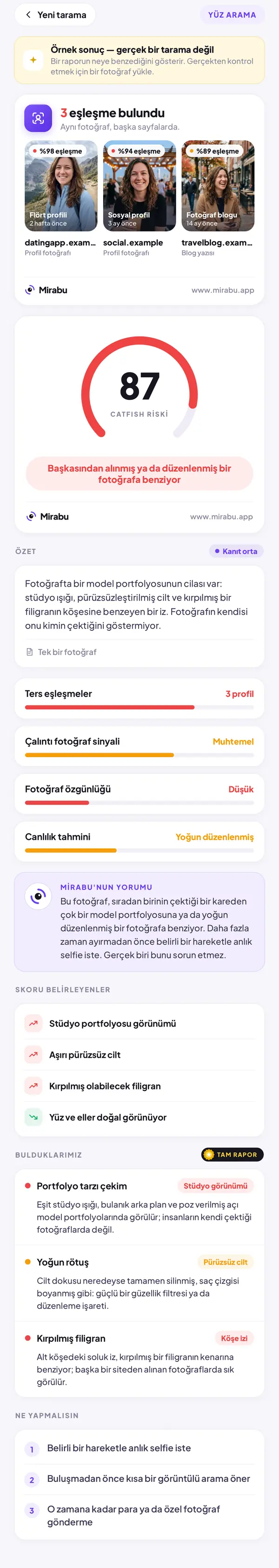 Yüz Arama, Örnek sonuç — gerçek bir tarama değil. CATFISH RİSKİ 87: Başkasından alınmış ya da düzenlenmiş bir fotoğrafa benziyor. Portfolyo tarzı çekim. Yoğun rötuş. Kırpılmış filigran.