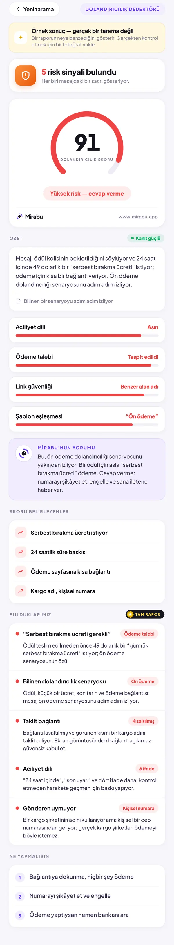 Dolandırıcılık Dedektörü, Örnek sonuç — gerçek bir tarama değil. DOLANDIRICILIK SKORU 91: Yüksek risk — cevap verme. Serbest bırakma ücreti gerekli. Bilinen dolandırıcılık senaryosu. Taklit bağlantı. Aciliyet dili. Gönderen uymuyor.