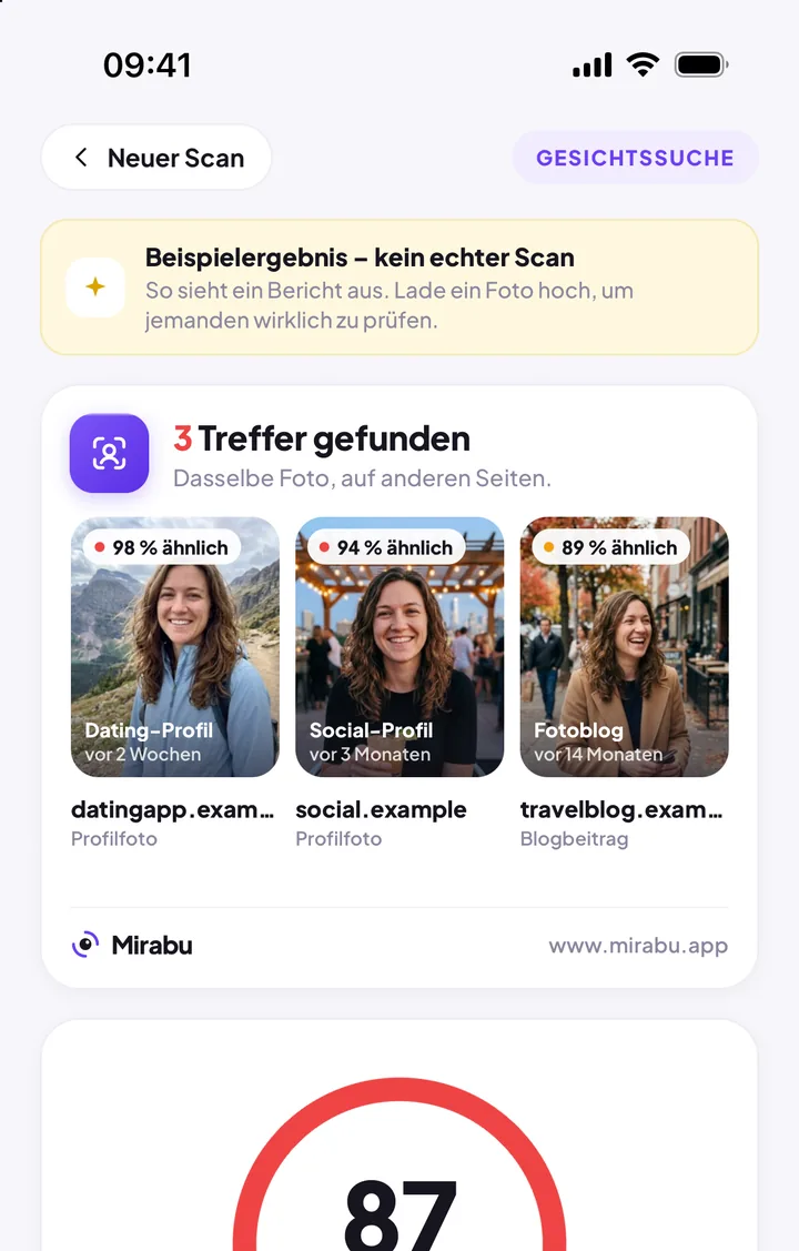 Mirabu auf dem iPhone: ein Beispielergebnis der Gesichtssuche mit drei Treffern und einem Catfish-Risiko von 87.