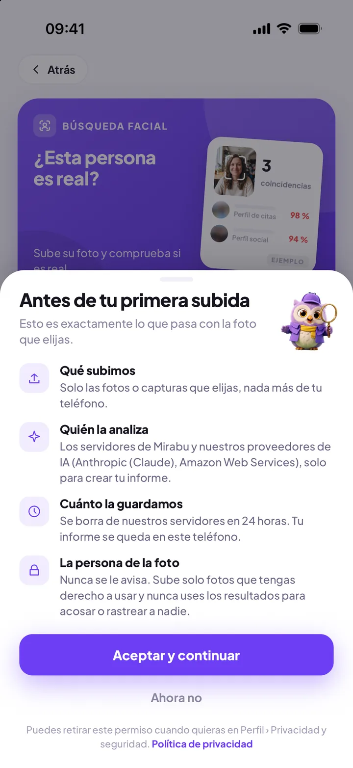 La pantalla que Mirabu muestra antes de la primera subida: qué se sube, quién lo analiza, cuánto tiempo se guarda y qué ve la persona de la foto.
