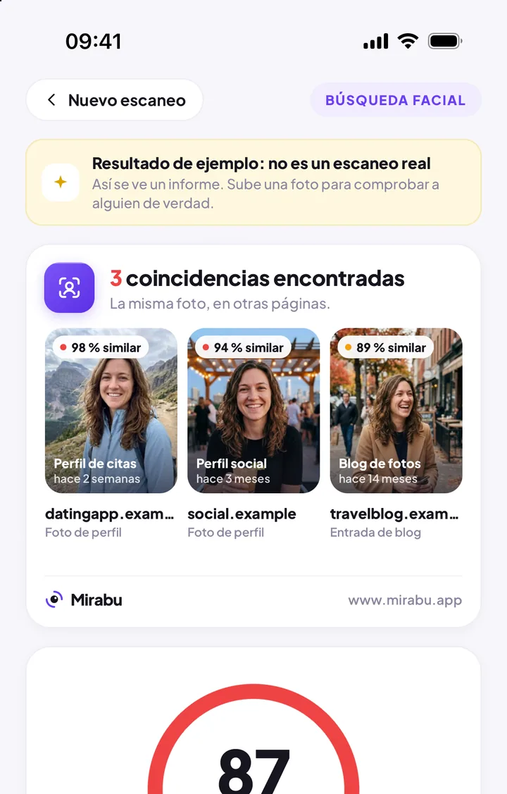 Mirabu en iPhone: un resultado de ejemplo de Búsqueda facial con tres páginas coincidentes y un riesgo de catfish de 87.