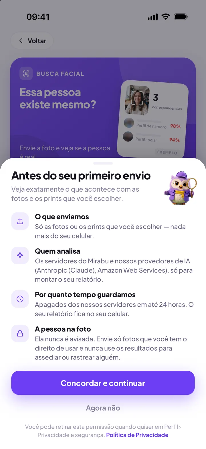 A tela que o Mirabu mostra antes do primeiro envio: o que é enviado, quem analisa, por quanto tempo fica guardado e o que a pessoa da foto vê.
