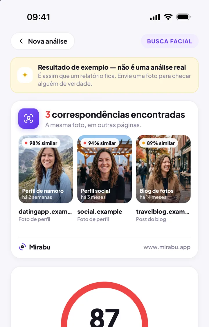 Mirabu no iPhone: um resultado de exemplo da Busca facial com três páginas correspondentes e risco de catfish 87.