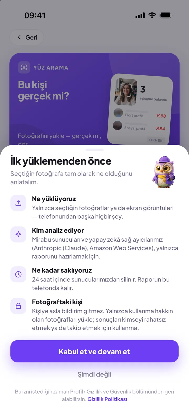 Mirabu’nun ilk yüklemeden önce gösterdiği ekran: ne yüklendiği, kimin analiz ettiği, ne kadar saklandığı ve fotoğraftaki kişiye bildirim gitmediği.