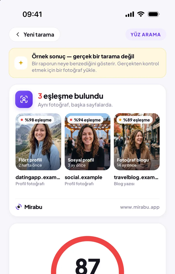 iPhone’da Mirabu: üç eşleşen sayfa ve 87 catfish riski gösteren örnek bir Yüz Arama sonucu.